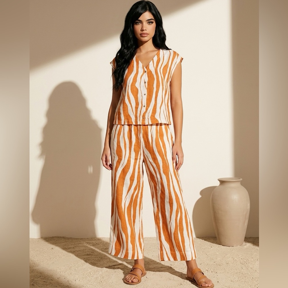 NWT Rachel Zoe Linen Zebra Stripe Wide Leg Cropped Pant set
